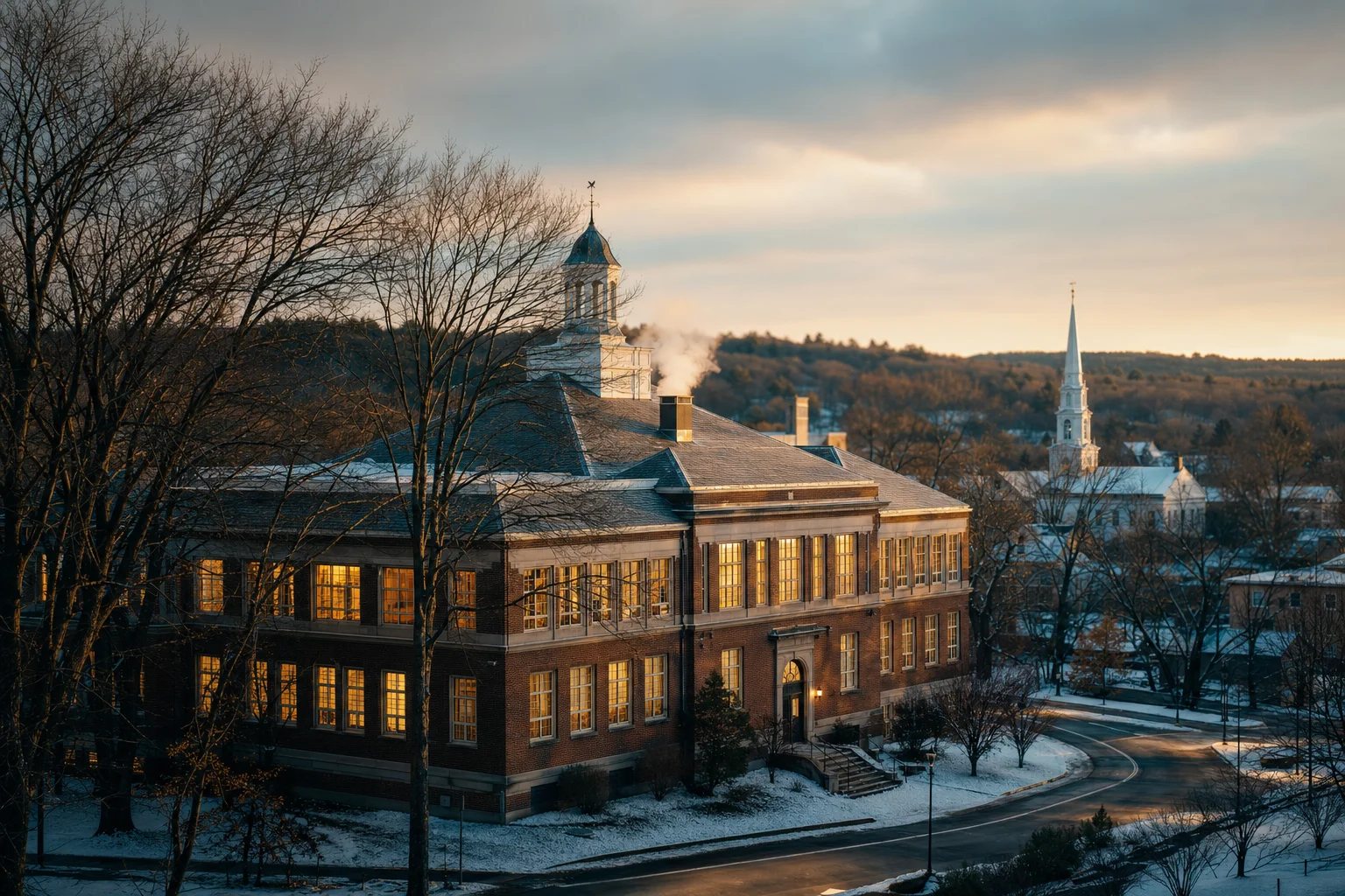 A New England public school glowing with warm light at dusk, with gentle steam rising from its roof
